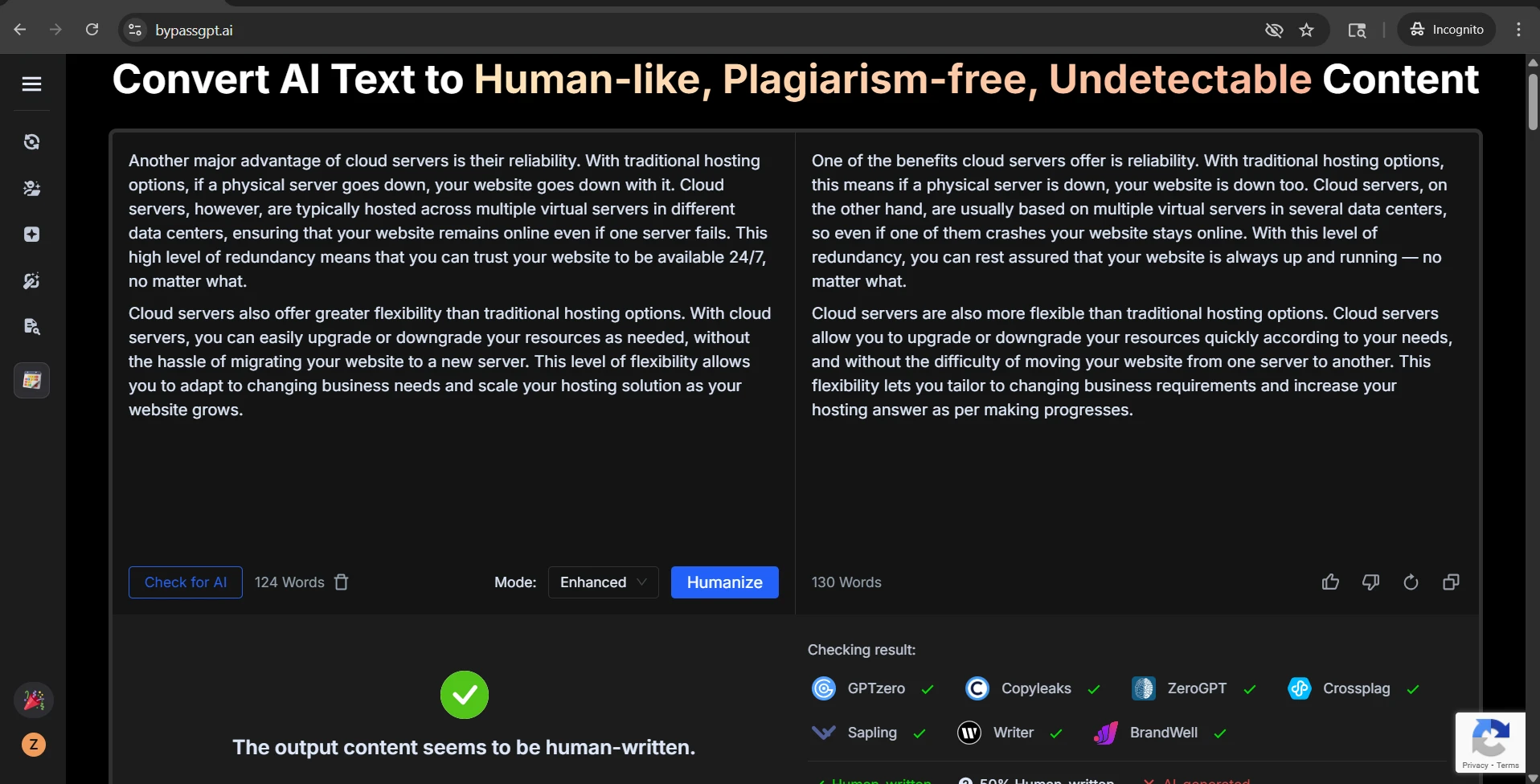 BypassGPT rewrite example showing side-by-side original and rewritten text