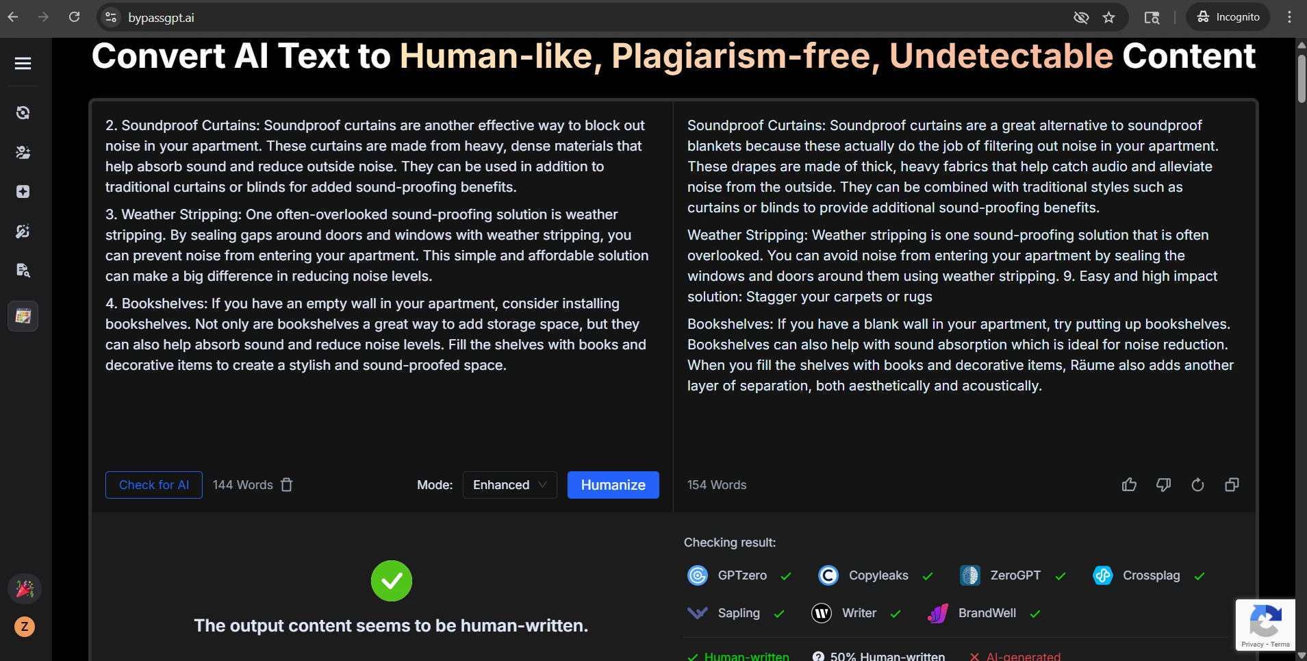 BypassGPT rewrite example with awkward phrasing