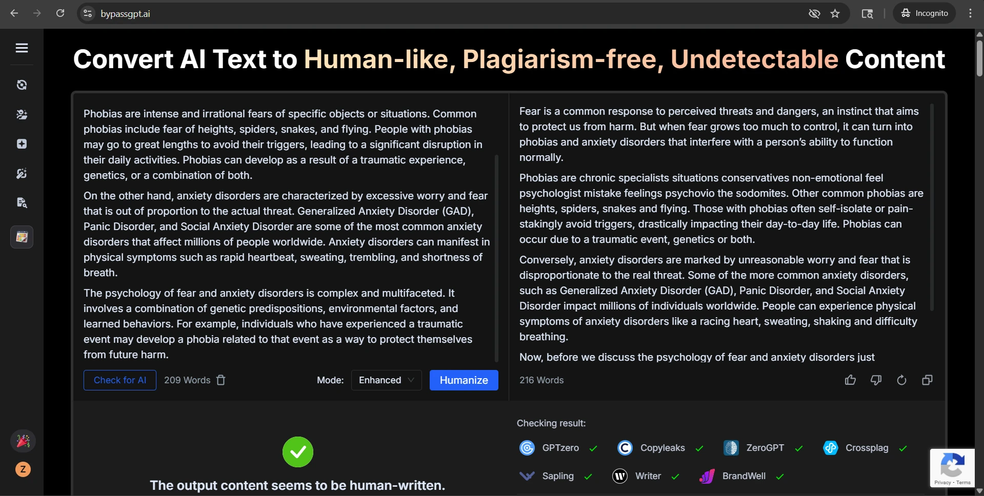 BypassGPT rewrite example showing flattened list formatting