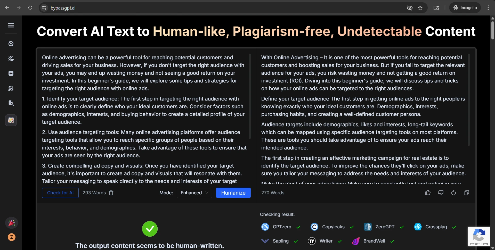 BypassGPT rewrite example showing shorter paraphrased result