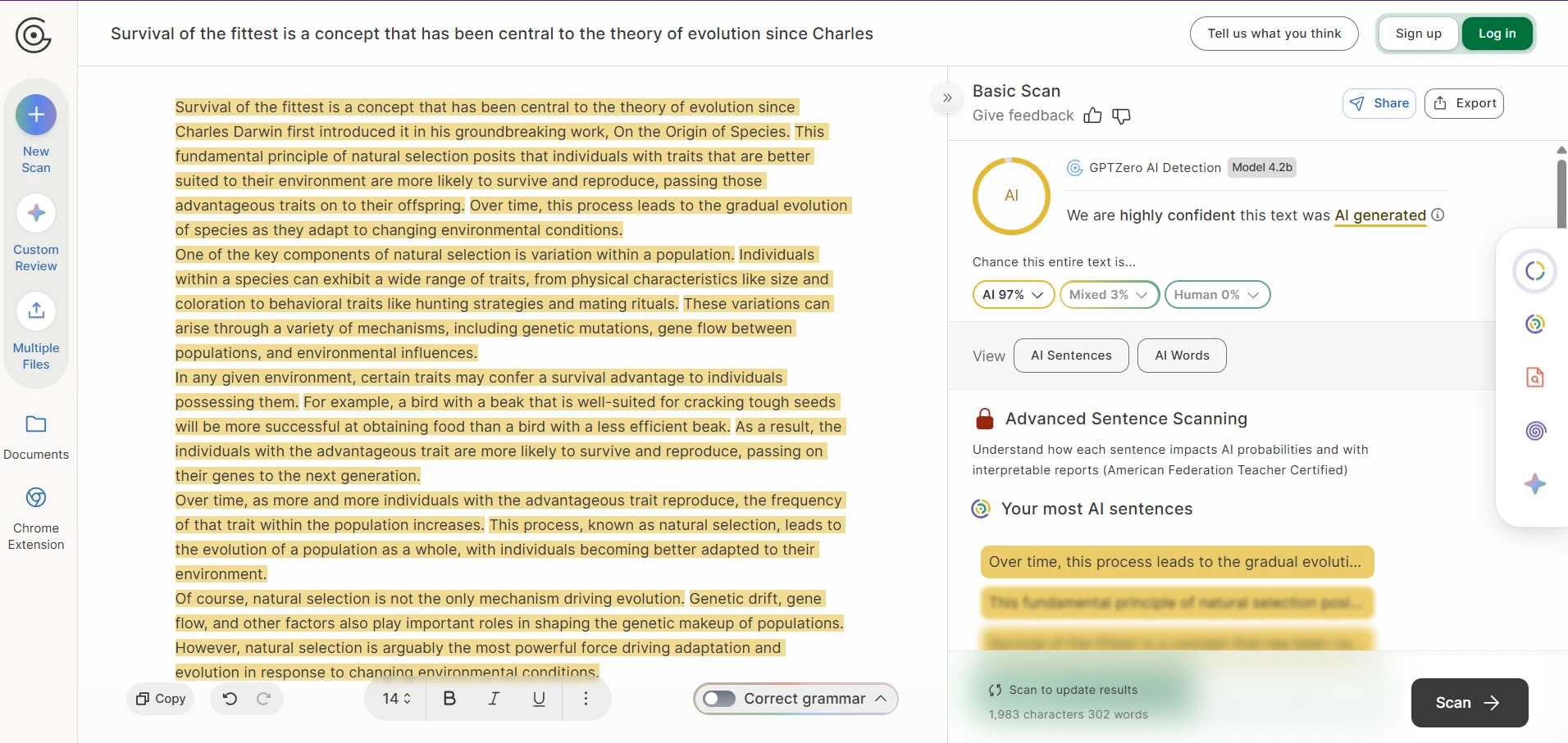 Example of GPTZero marking text as AI generated