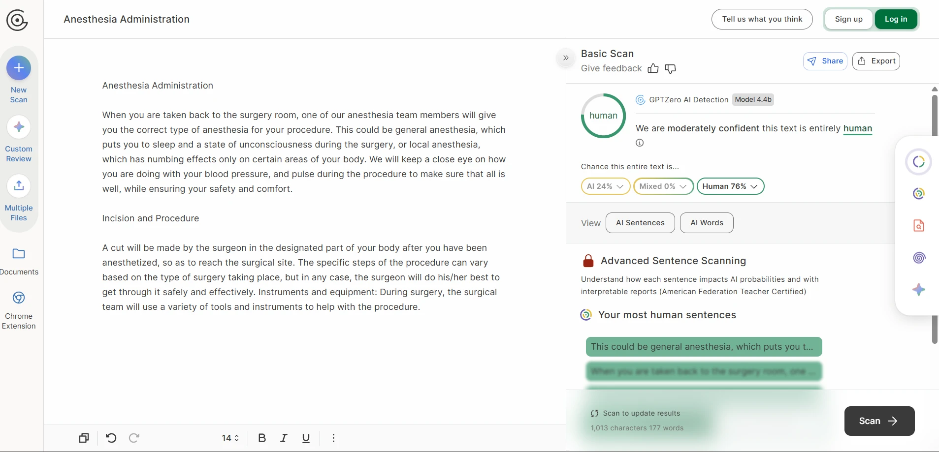 GPTZero result screenshot for BypassGPT rewrite sample 1