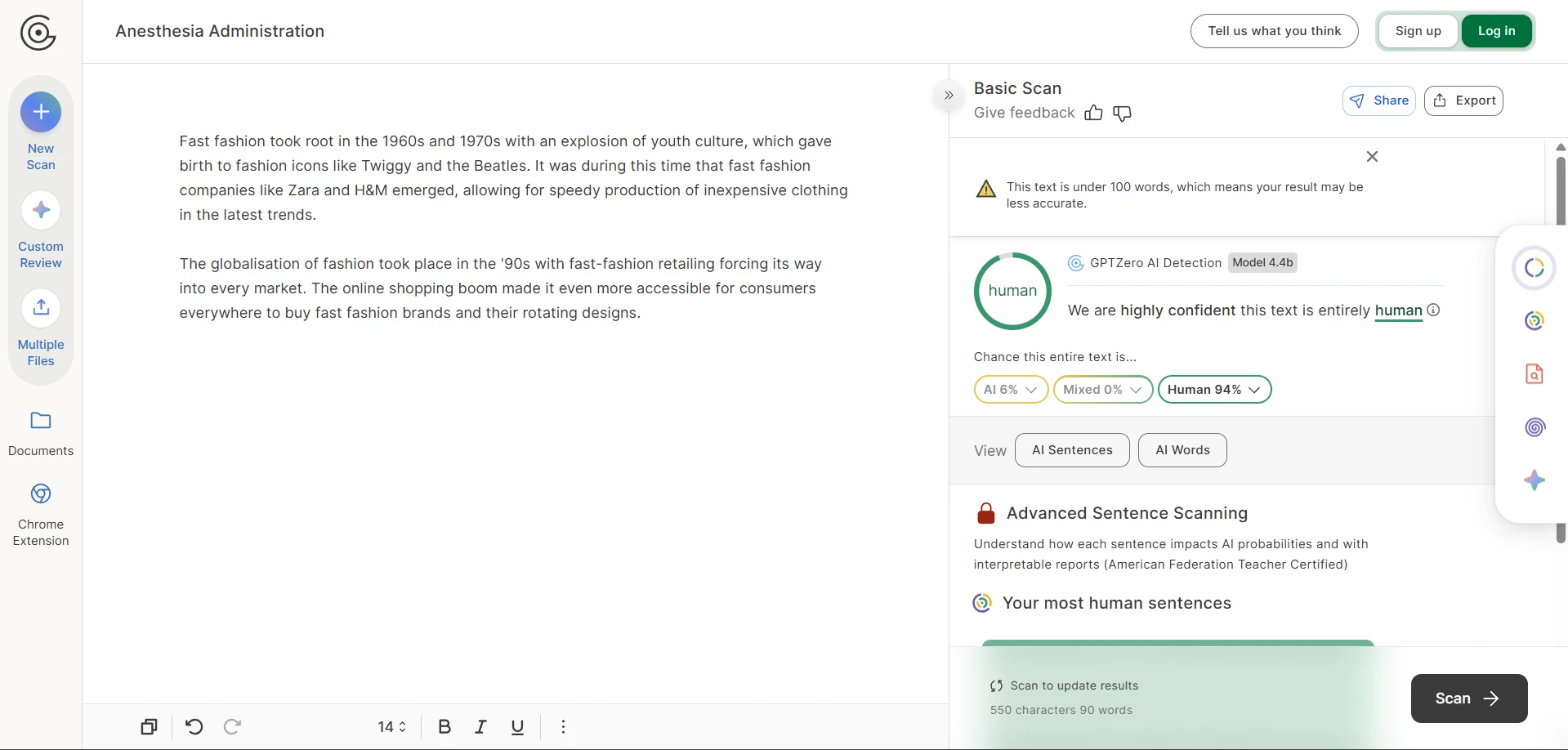 GPTZero result screenshot for BypassGPT rewrite sample 4