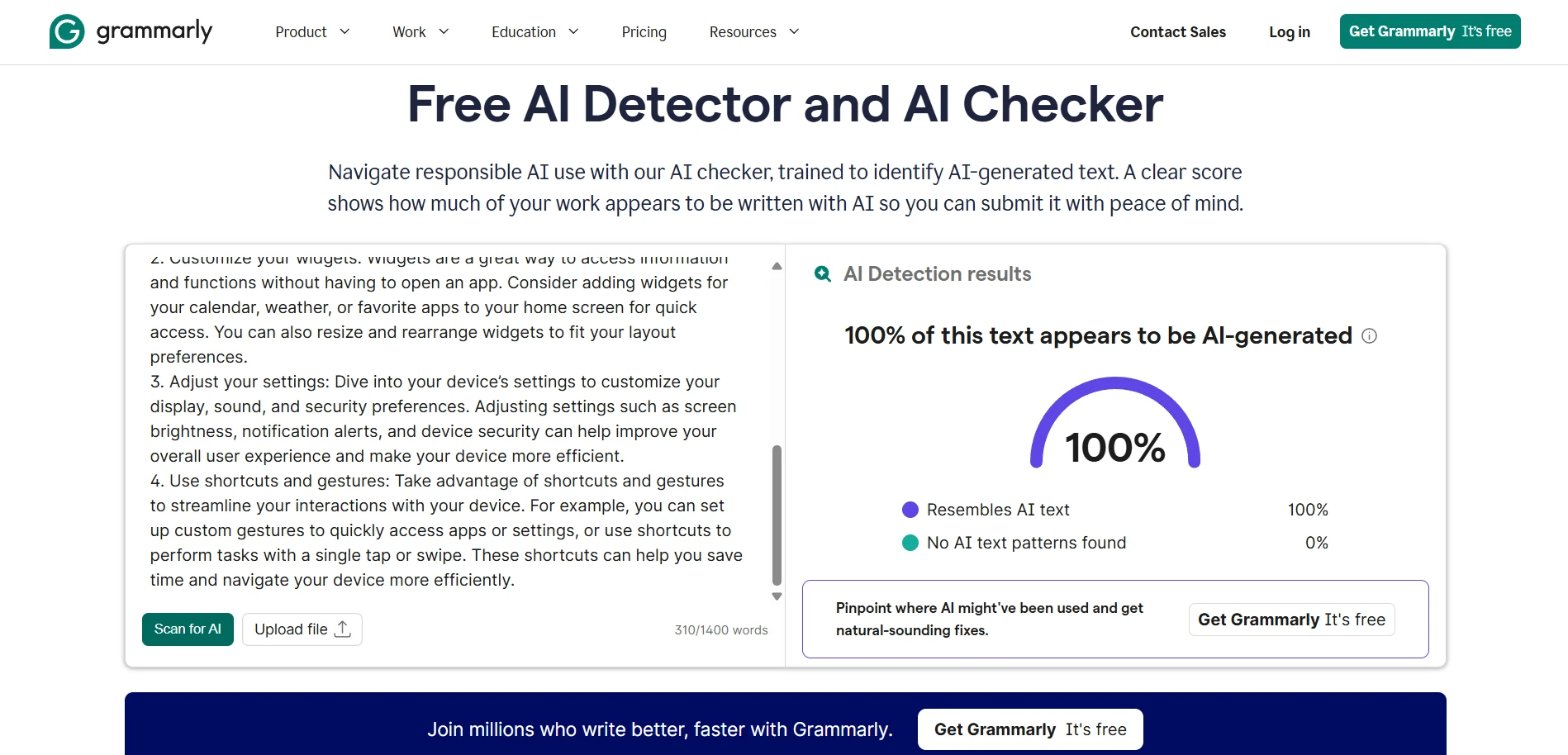 Grammarly AI detector example showing 100 percent AI-generated