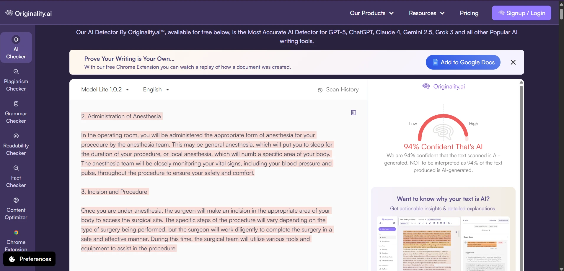 Originality.ai scan example for a Phrasly rewrite