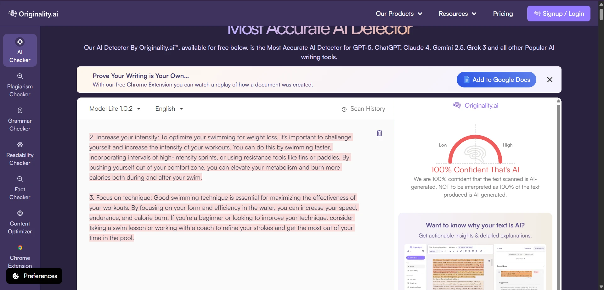 Originality.ai scan example for a Phrasly rewrite