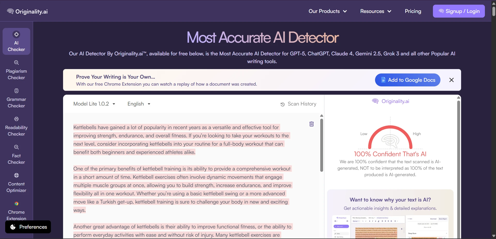 Originality.ai scan example for a Phrasly rewrite