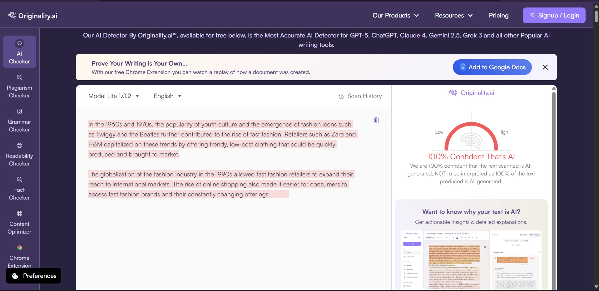 Originality.ai scan example for a Phrasly rewrite