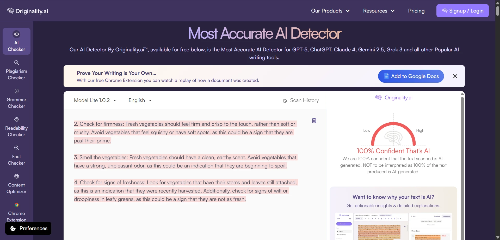 Originality.ai scan example for a Phrasly rewrite