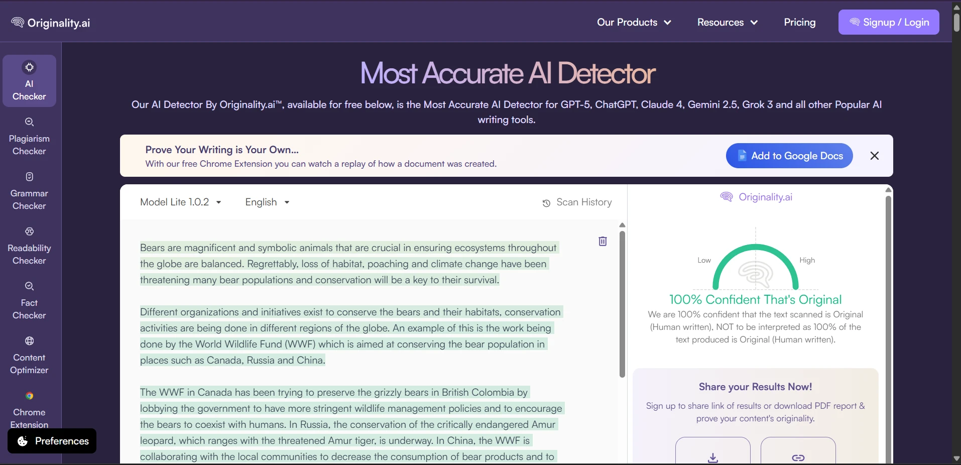 Originality.ai flagging the remote islands sample as AI