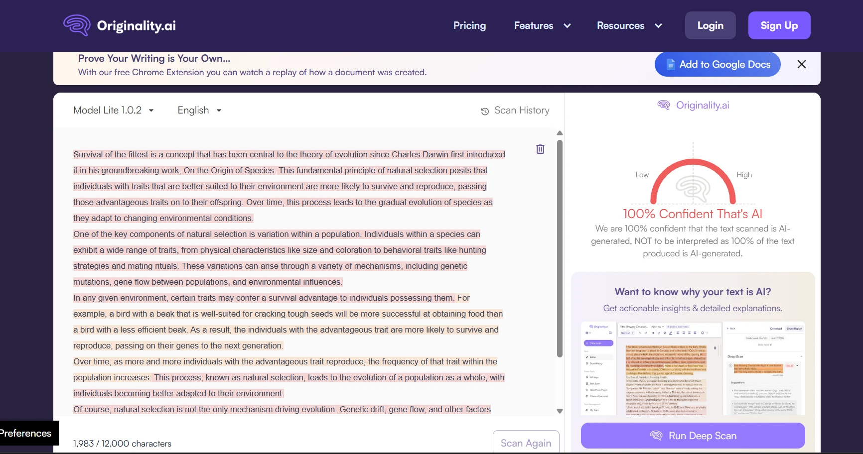 Originality.ai overall scan results and human probability score