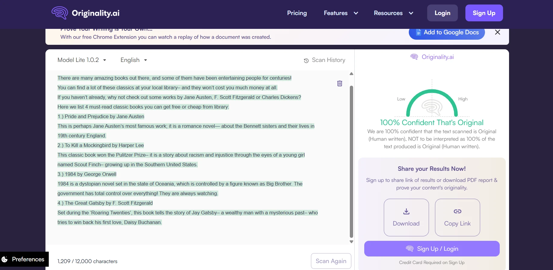 Originality.ai text highlighting showcasing human text