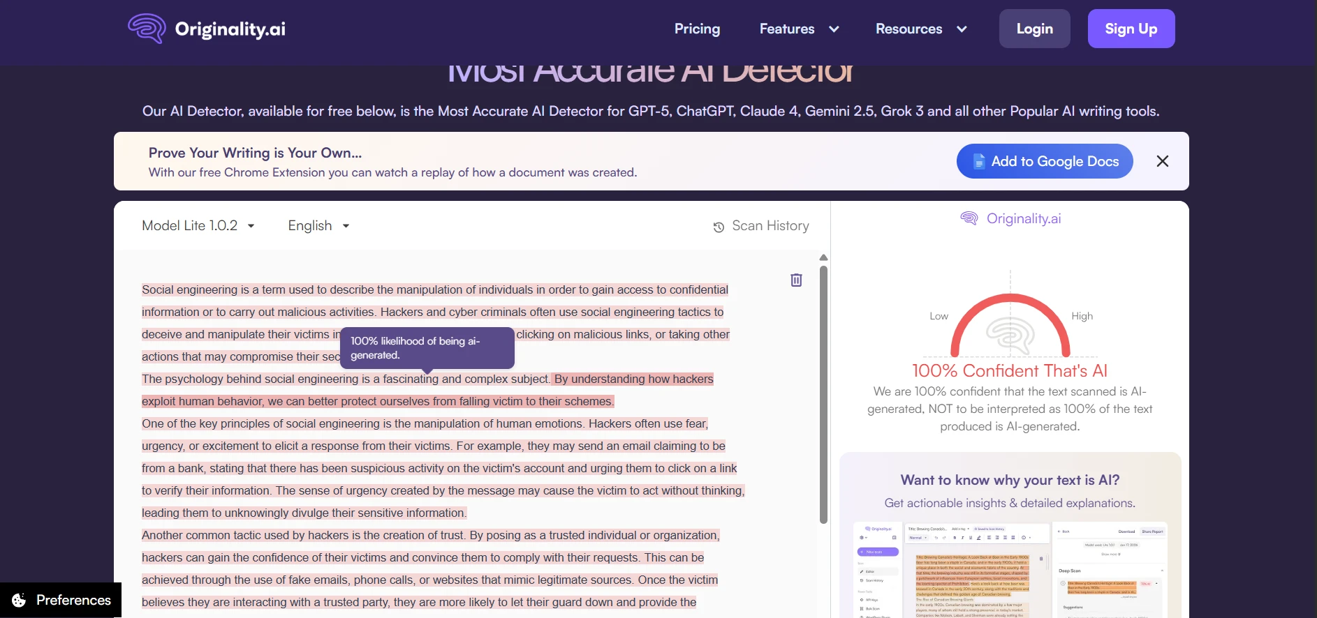 Originality.ai sentence breakdown analysis