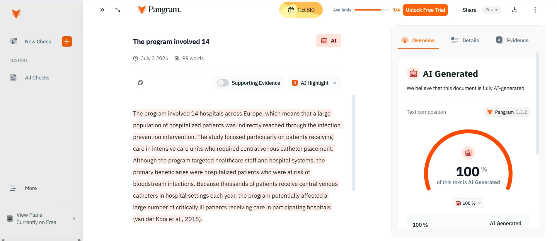Pangram AI-generated hospital sample