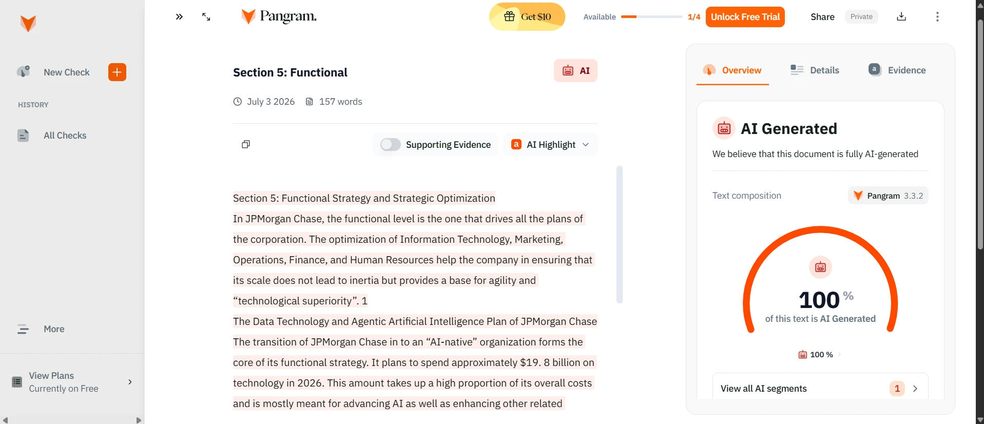 Example of Pangram marking text as AI generated