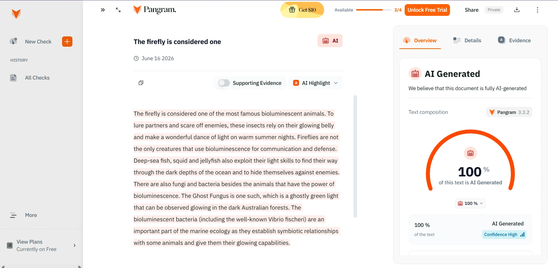 Pangram AI detection result one