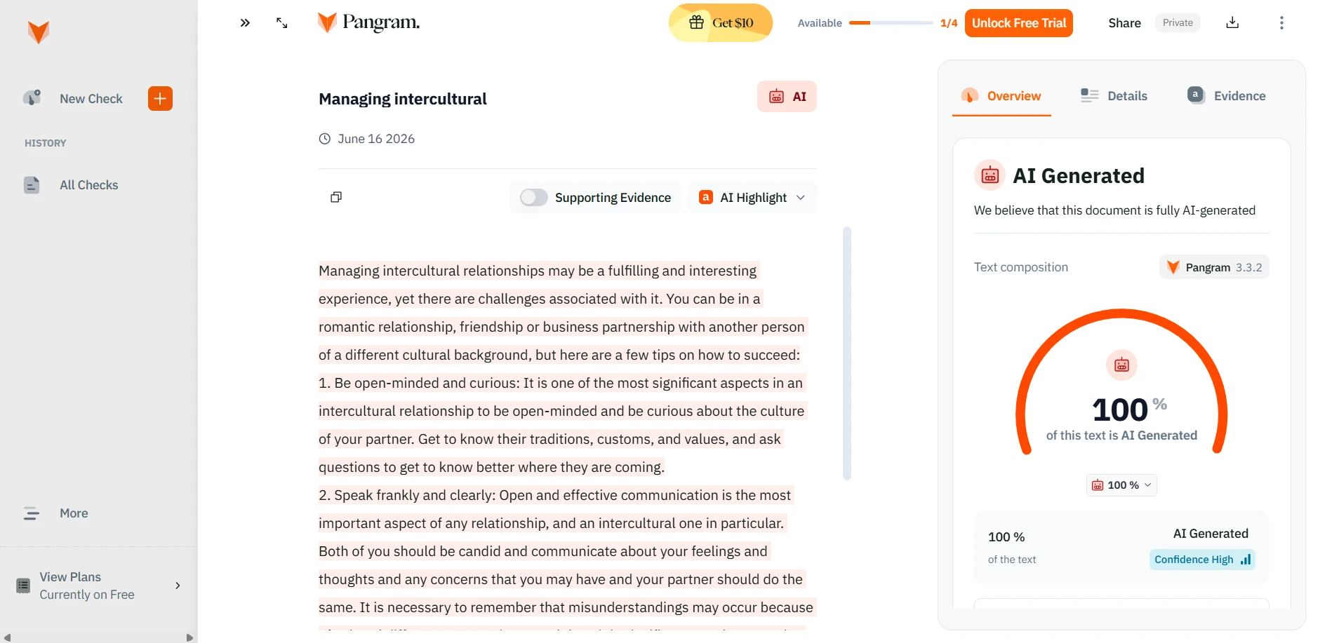 Pangram AI detection result two