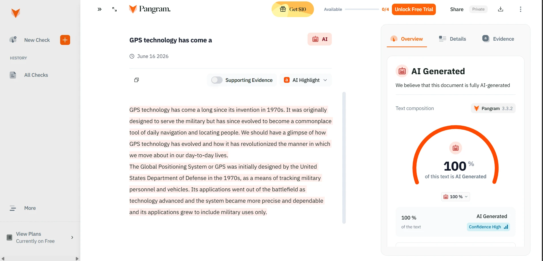 Pangram AI detection result three
