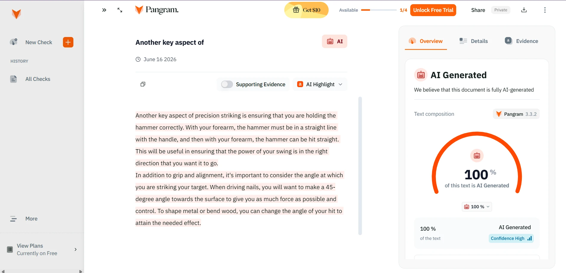 Pangram AI detection result four