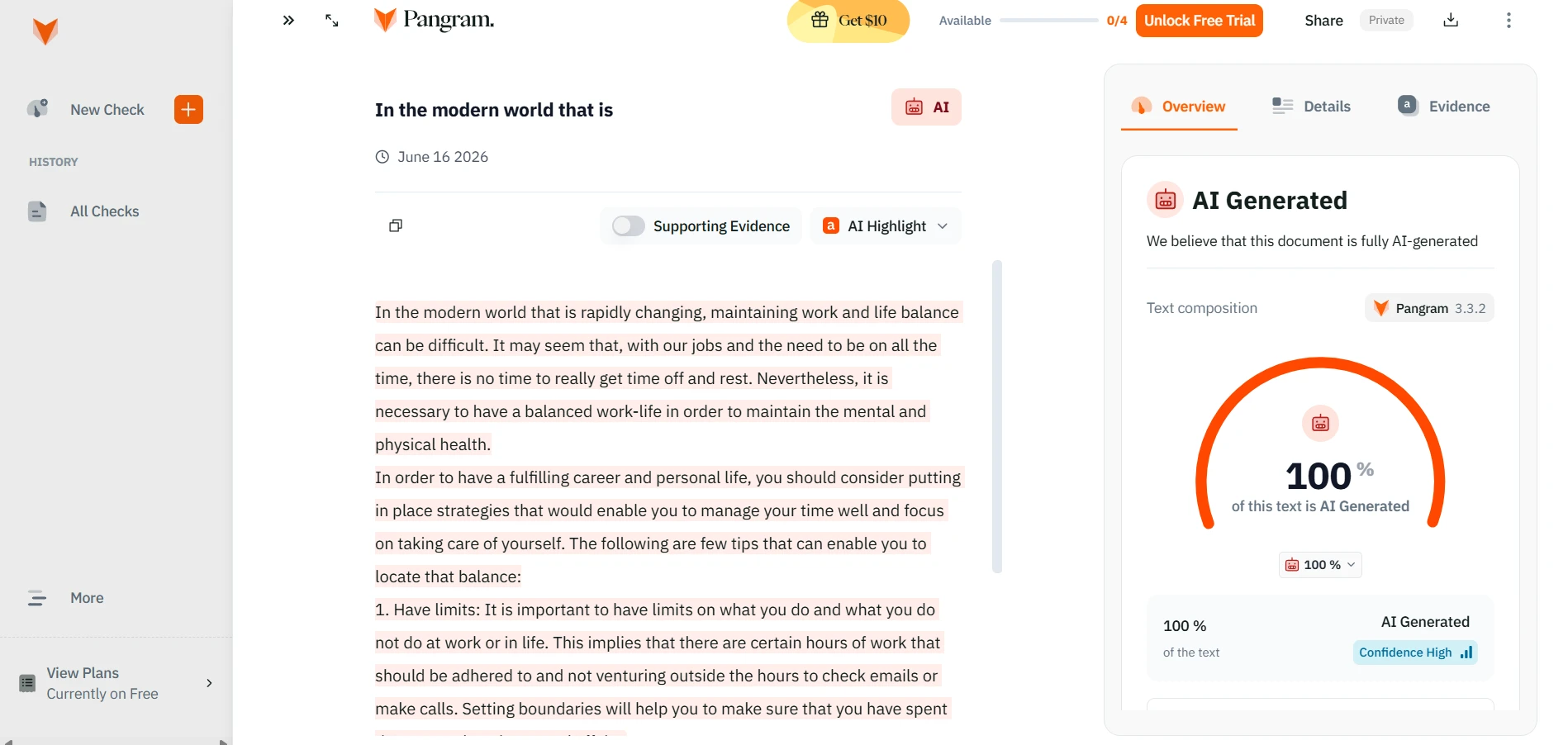 Pangram AI detection result five