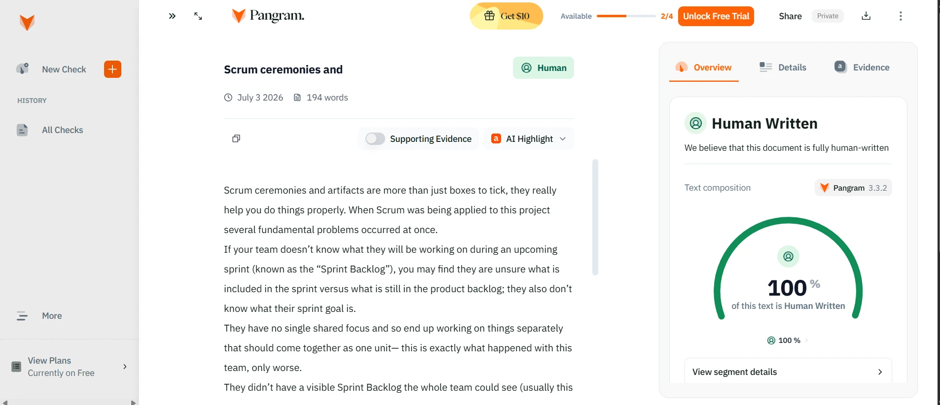 Pangram human-written Scrum sample