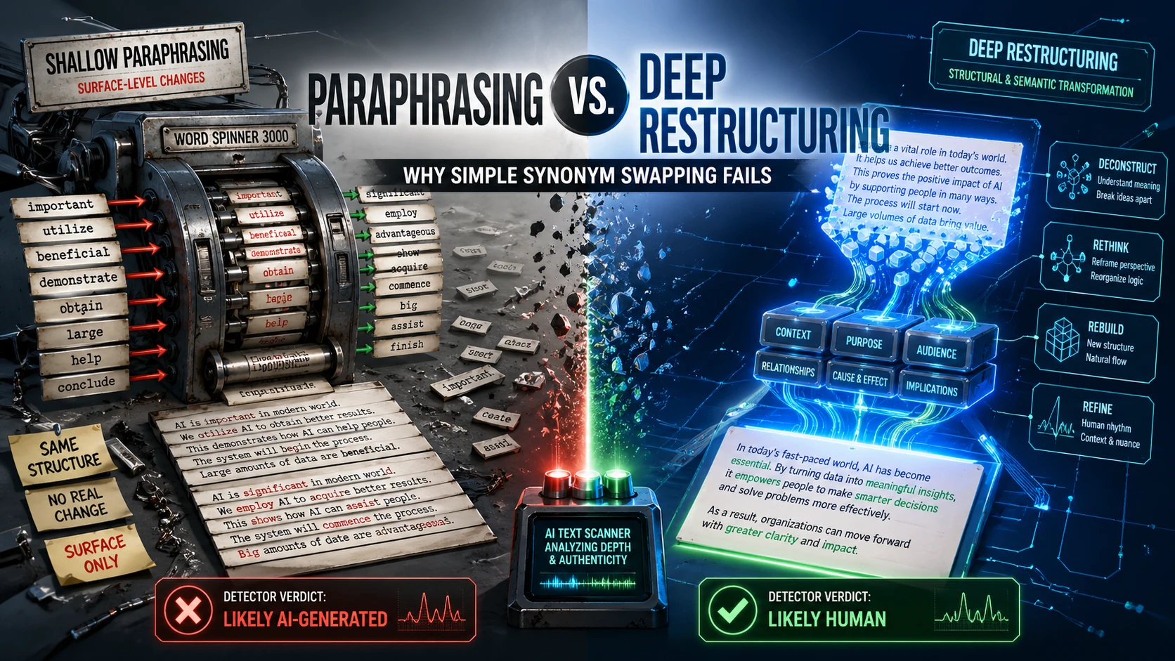 Paraphrasing vs. Deep Restructuring: Why Simple Synonym Swapping Fails
