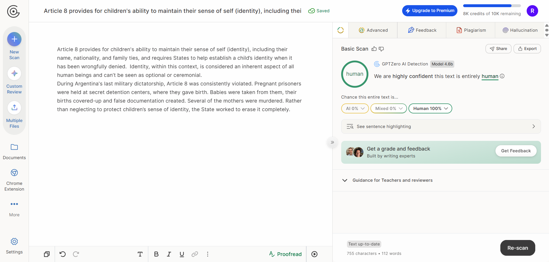 GPTZero scoring the rewritten text as 100% human