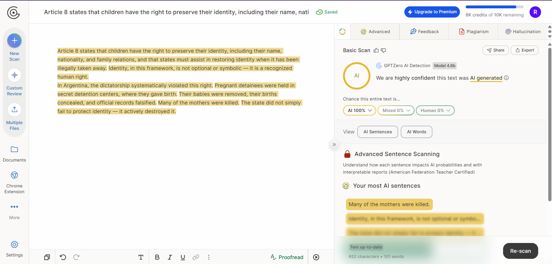 GPTZero detecting the original text as 100% AI generated