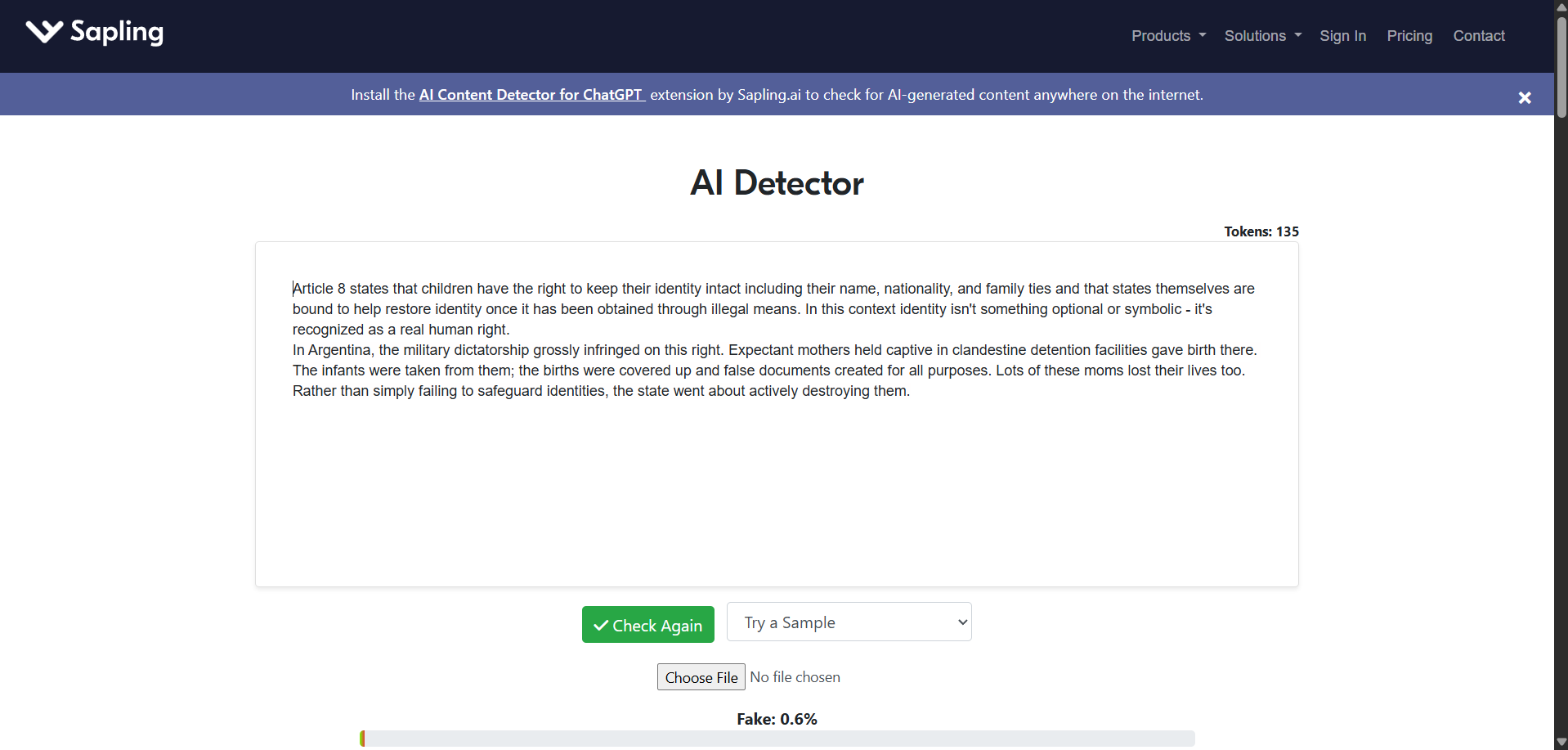 Sapling AI detector reporting 0.6% fake