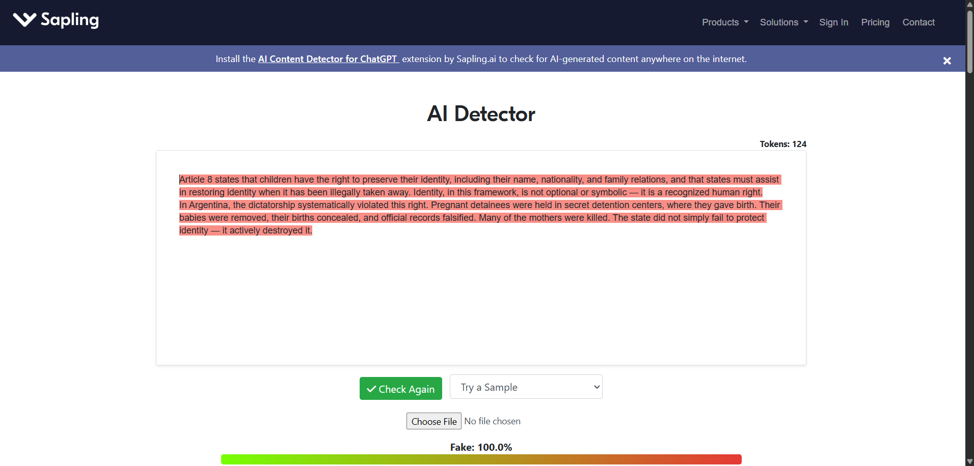 Sapling AI detector reporting 100% fake