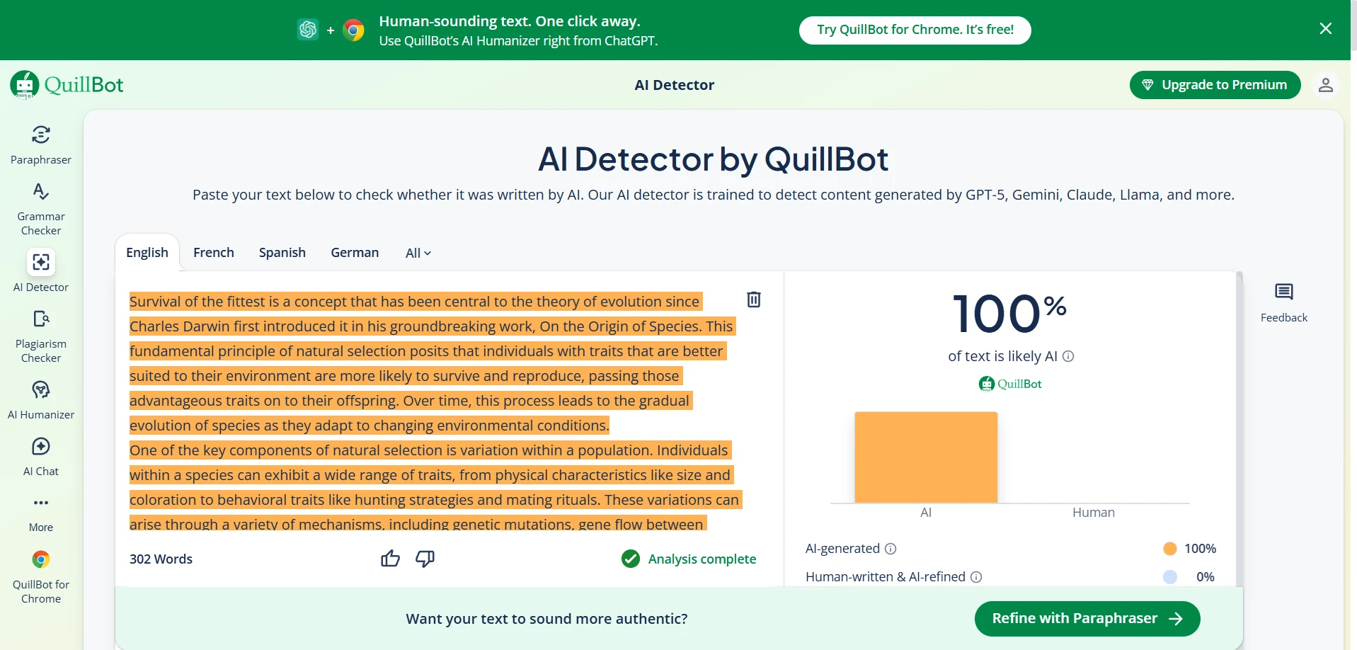 Quillbot AI detector result screenshot 1