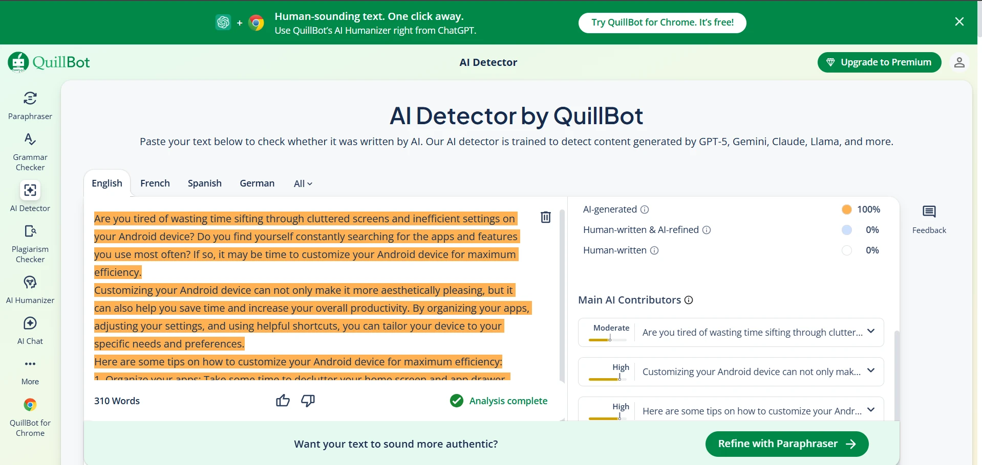 Quillbot AI detector result screenshot 5