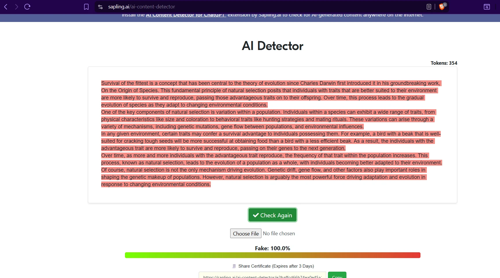 Sapling.ai AI detection interface and warning