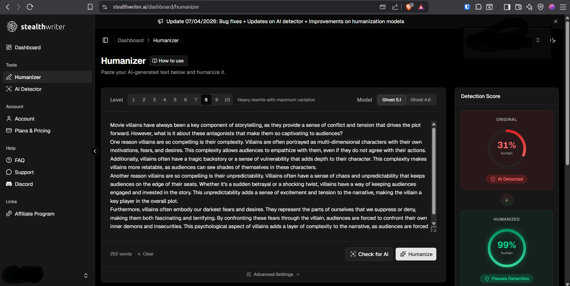 Stealthwriter humanizer result showing high human score