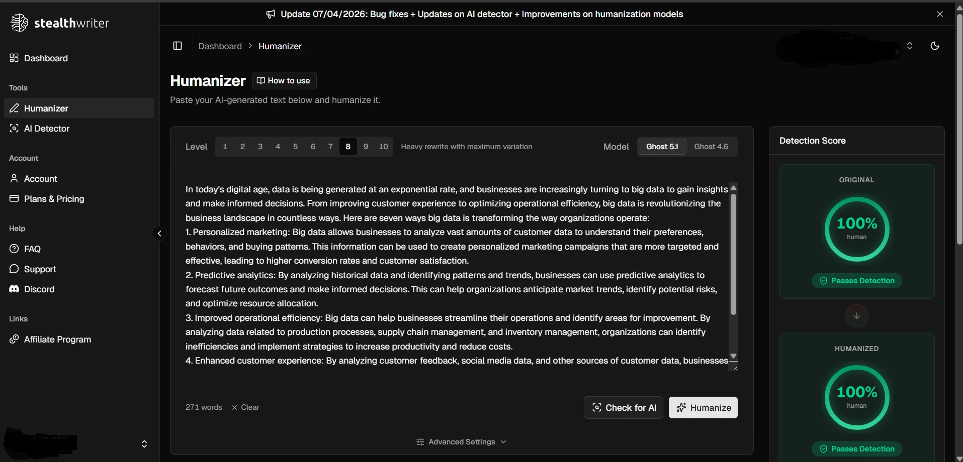 Stealthwriter humanizer result showing 100 percent human