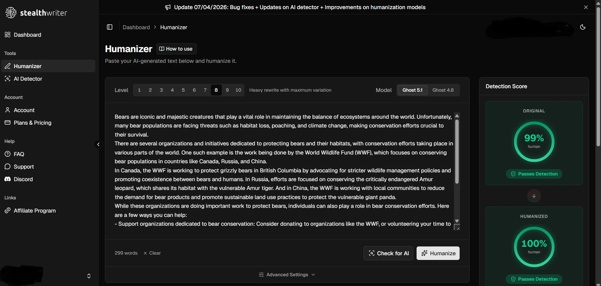 Stealthwriter humanizer result for bear conservation text