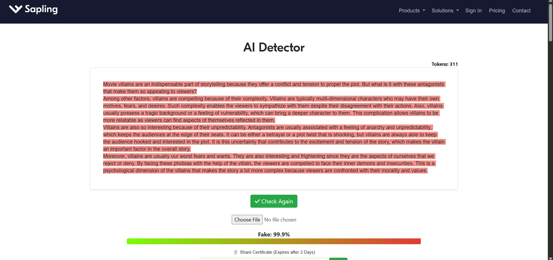 Sapling AI detection result sample 1