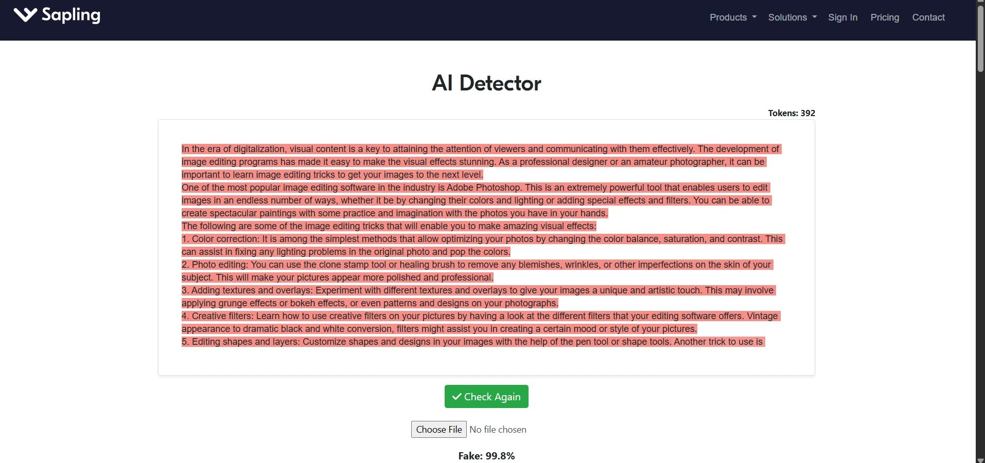 Sapling AI detection result sample 2