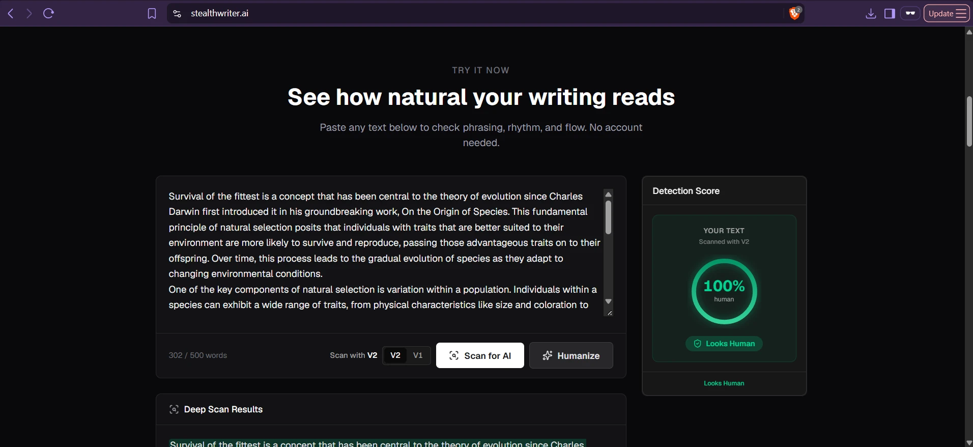 StealthWriter screenshot showing AI-written text about evolution rated 100 percent human