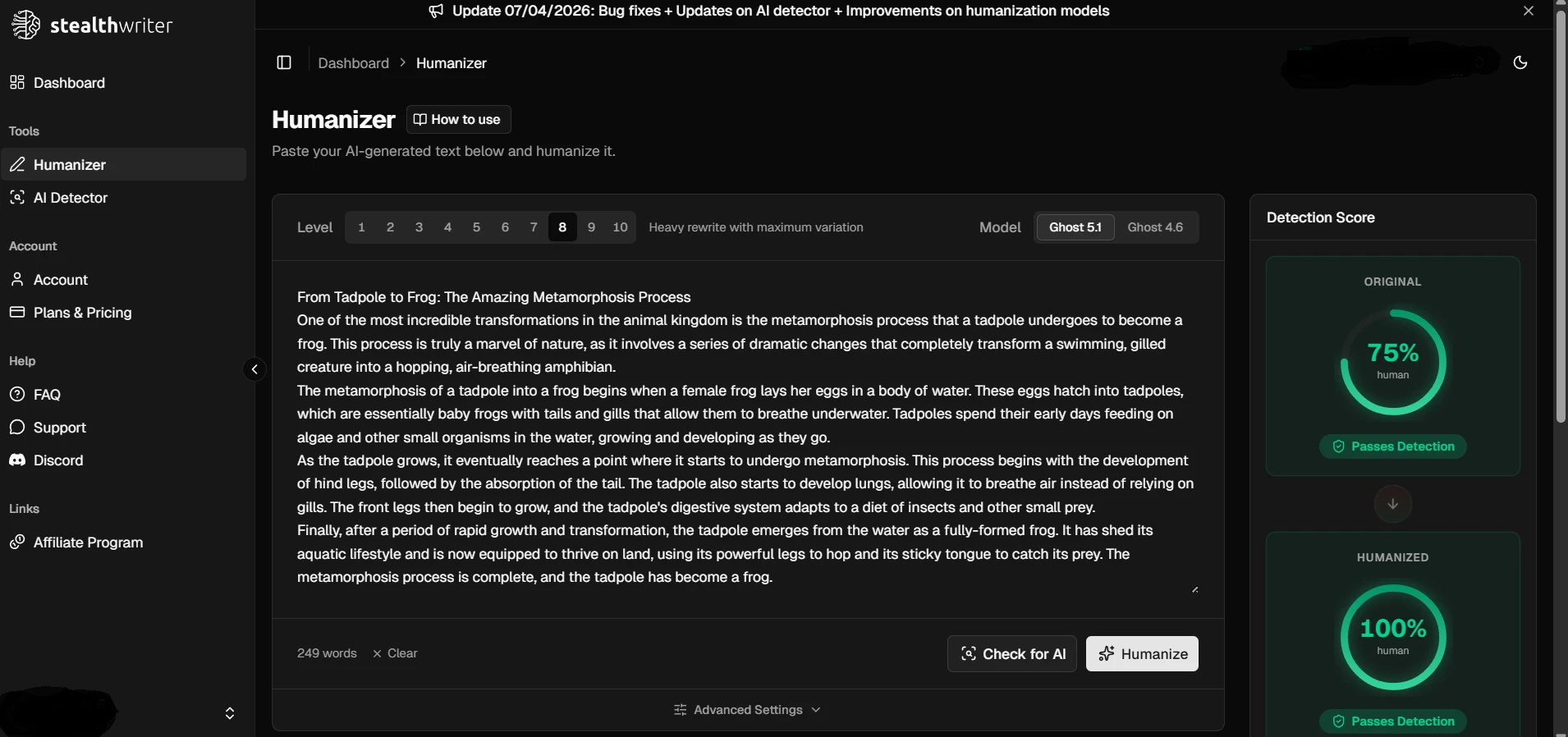 StealthWriter humanizer result five