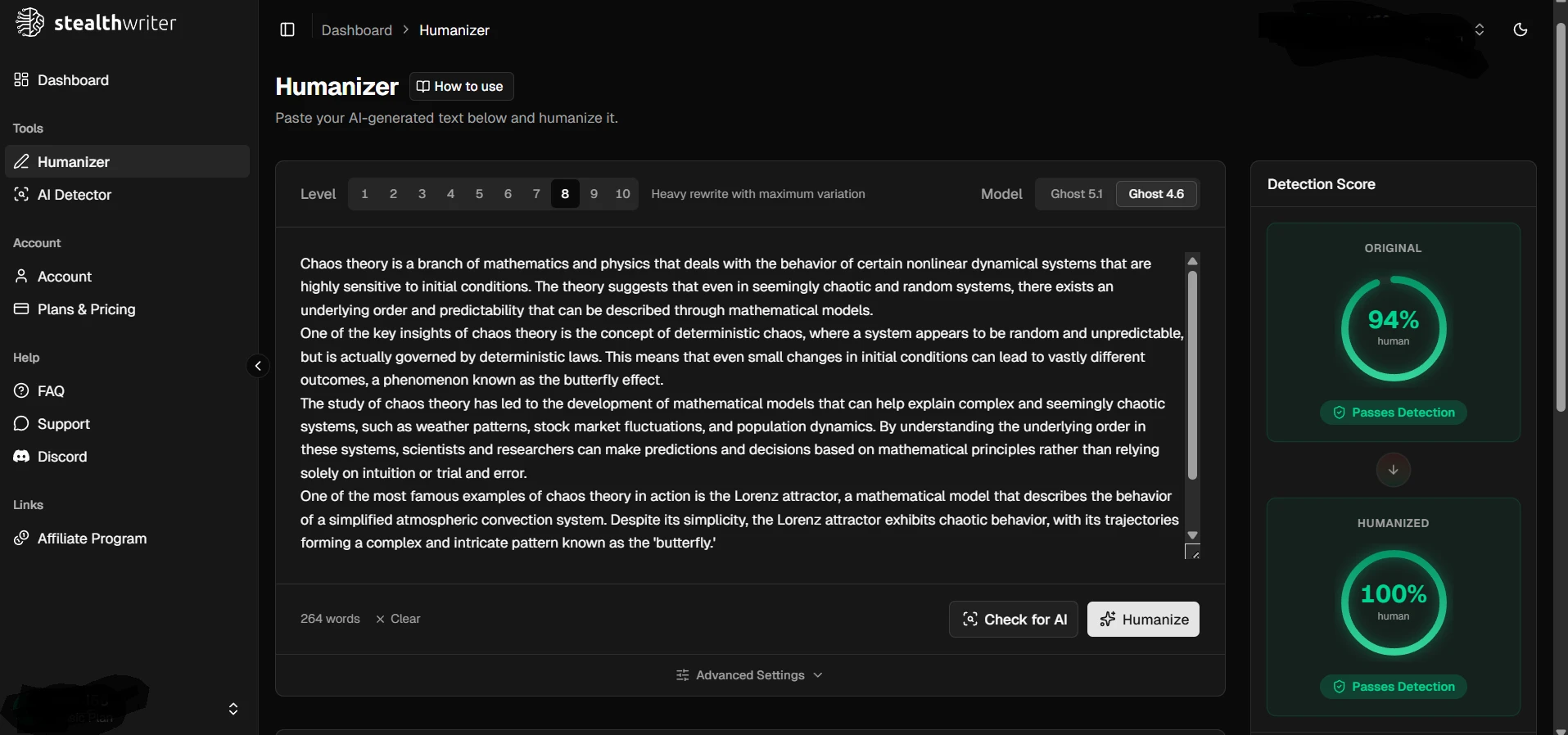 Stealthwriter humanizer score for the movie villains sample