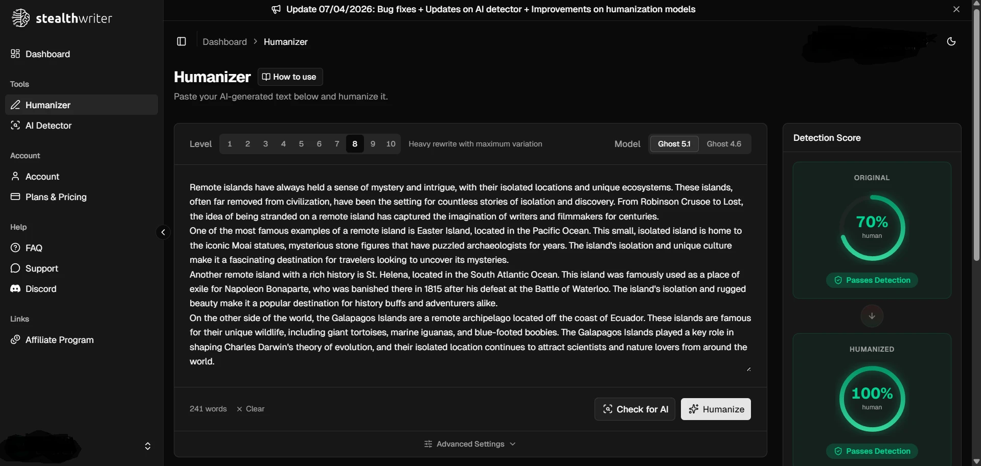 Stealthwriter humanizer sample about remote islands