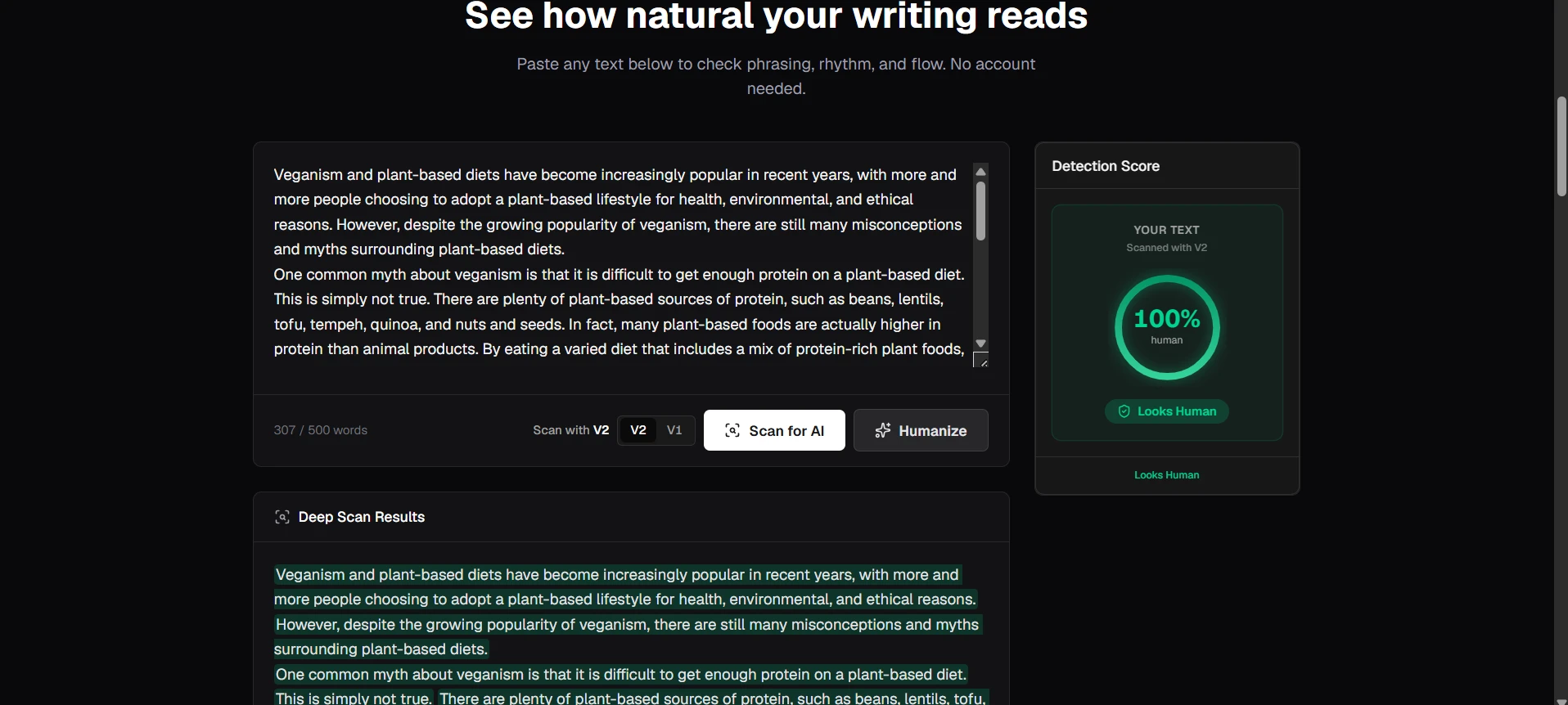 StealthWriter screenshot showing an AI-written passage about veganism rated 100 percent human