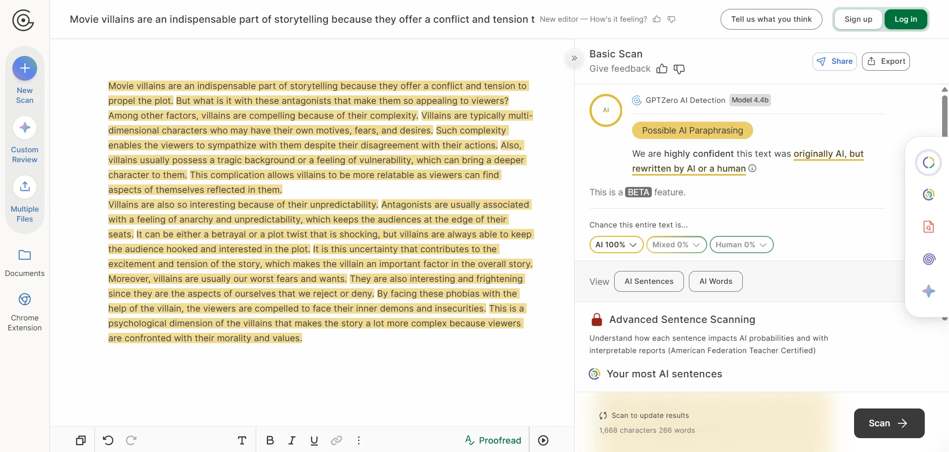 GPTZero scan for movie villains rewrite