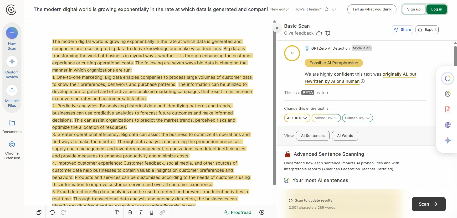 GPTZero scan for big data rewrite