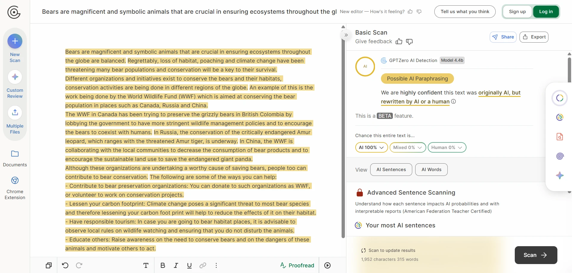 GPTZero scan for bear conservation rewrite
