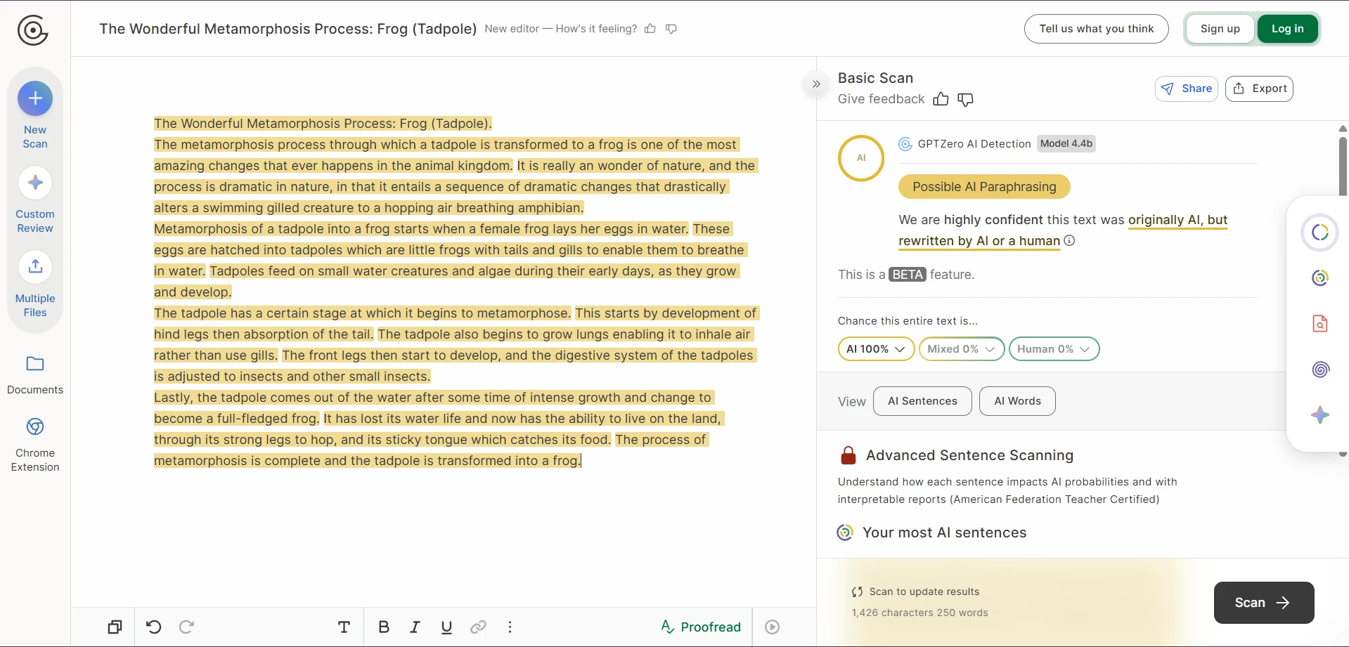 GPTZero scan for frog metamorphosis rewrite
