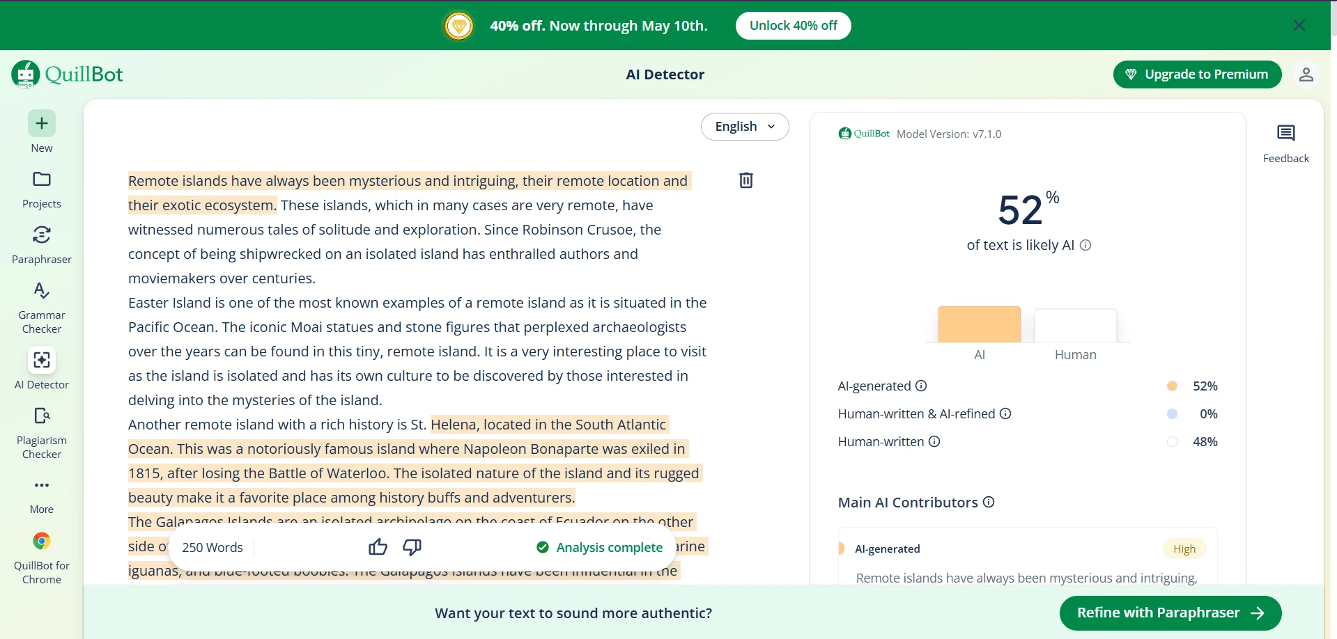 QuillBot AI Detector result showing partial AI likelihood