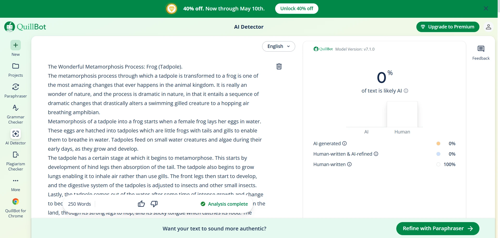 QuillBot AI Detector result for rewritten tadpole text