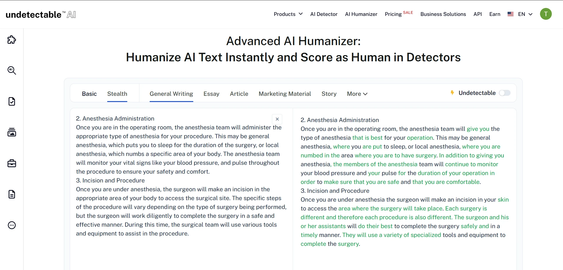 Undetectable.ai humanizer interface showing anesthesia rewrite